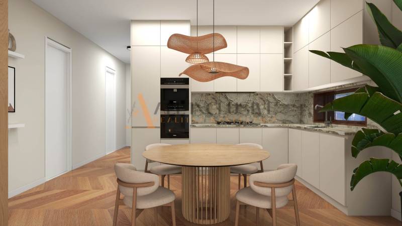 ALL INCLUSIVE I 3 IZBOVÉ BYTY S TERASOU, SO ZÁHRADOU + 2 PARK. MIESTA - Kuchyňa v 3-izbovom byte s dreveným stolom a pohodlnými stoličkami.