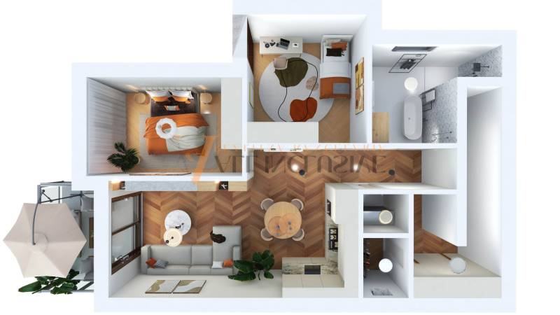 ALL INCLUSIVE I 3 IZBOVÉ BYTY S TERASOU, SO ZÁHRADOU + 2 PARK. MIESTA - Pôdorys 3-izbového bytu s rozložením izieb, kúpeľňa a balkón.