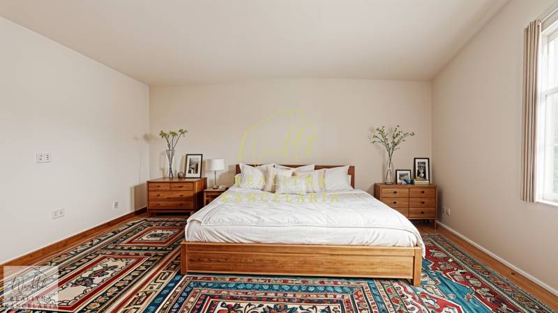 Vidiecky dom v Zemplínskej Teplici - Spálňa v rodinnom dome s posteľou, nočnými stolíkmi a farebným kobercom.