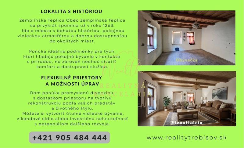 Vidiecky dom v Zemplínskej Teplici - Dispozícia rodinného domu s obývačkou a vizualizáciou zariadenia, drevený strop.