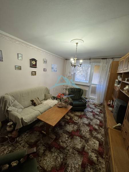 Šahy – 3i Byt v Centre Mesta s Balkónom  - Obývacia izba v 3-izbovom byte s kobercom, pohovkou a dreveným nábytkom.