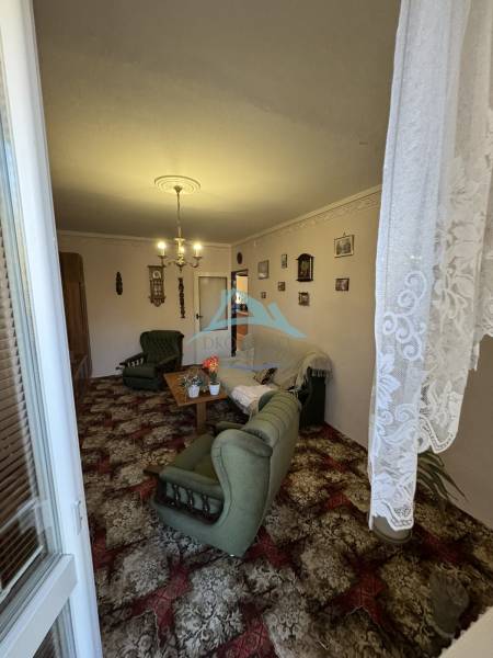 Šahy – 3i Byt v Centre Mesta s Balkónom  - Obývacia izba v 3-izbovom byte so zeleným nábytkom a dekoratívnym kobercom.