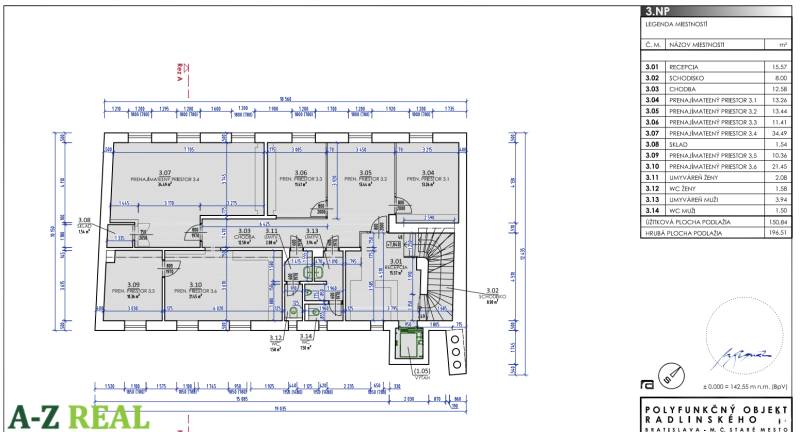 Prenájom nadštandardne zariadených kancelárií  v centre, 151 m2 - Pôdorys zachytáva priestor kancelárií na ulici Radlinského s recepciou, schodiskom a skladmi.