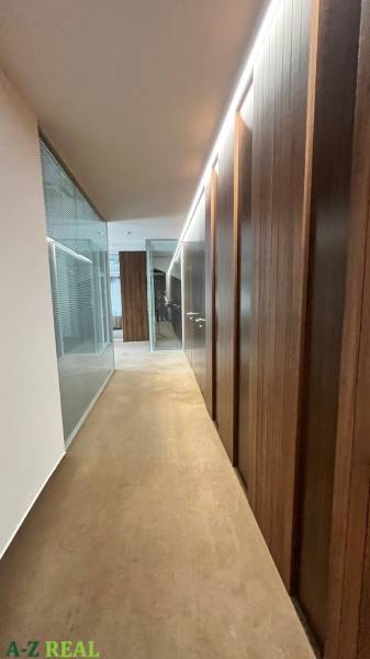 Prenájom nadštandardne zariadených kancelárií  v centre, 151 m2 - Chodba v kanceláriách so sklenenými priečkami, podlaha s dreveným dekorom.