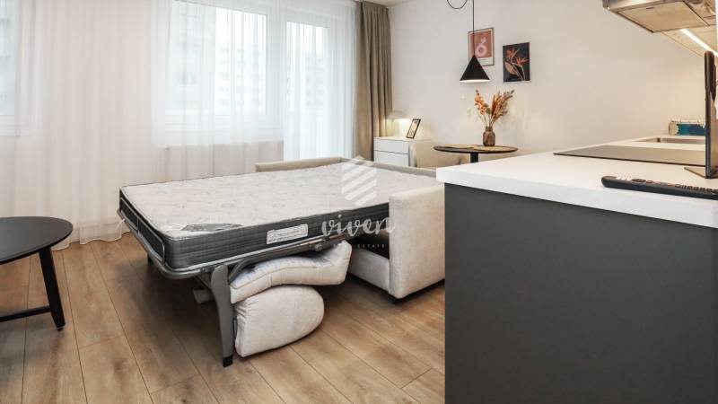 PRENÁJOM - 1 izbový byt v projekte Ovocné sady - Izba s rozkladacou pohovkou, podlaha s dreveným dekorom, svetlé závesy, 1-izbový byt.