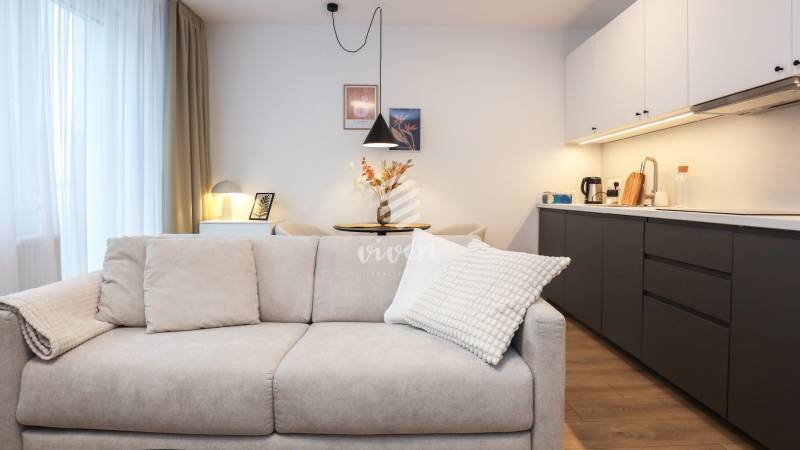 PRENÁJOM - 1 izbový byt v projekte Ovocné sady - Obývacia časť s pohovkou a kuchynským kútom v 1-izbovom byte s podlahou s dreveným dekorom.