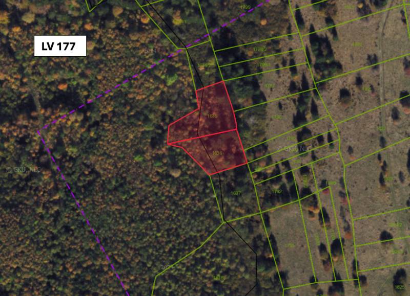 Lúčky (ZH) – 3.854 m2 POĽNOHOSPODÁRKA PÔDA a LESY - Letecký pohľad na poľnohospodárske a lesné pozemky v Lúčkach, zvýraznené červenou farbou.