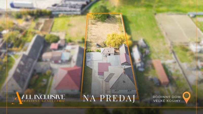 NA PREDAJ 4+1-IZBOVÝ ROD. DOM, VEĽKÉ KOSIHY - Letecký pohľad na rodinný dom vo Veľkých Kosihách, zvýraznený na predaj.