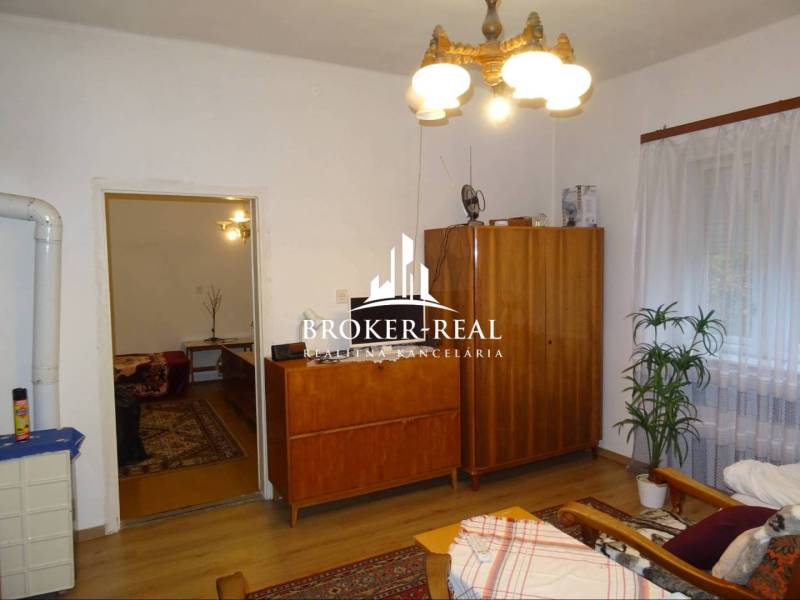 Rodinný dom, chalupa 2 Izbový - Fony - Obývacia izba v rodinnom dome s drevenými skrinkami, sedačkou a kvetinou.