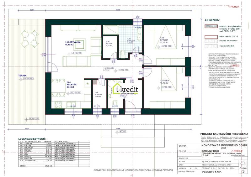 PREDAJ - NOVOSTAVBA - TESÁRSKE MLYŇANY - Pôdorys rodinného domu v Tesárskych Mlyňanoch s terasou a miestnosťami.