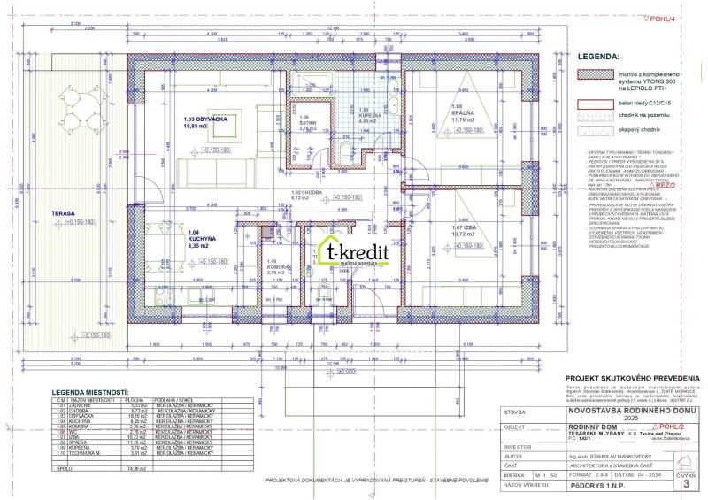 PREDAJ - NOVOSTAVBA - TESÁRSKE MLYŇANY - Pôdorys rodinného domu v Tesárskych Mlyňanoch s terasou a rozložením miestností.