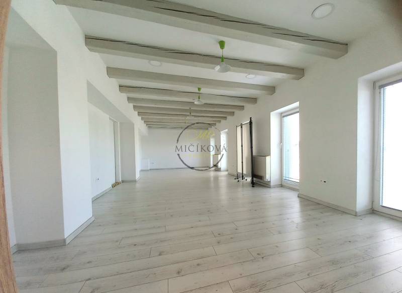 Prenajmeme kancelársky priestor, 40 m2, Levická ul., Vráble - Svetlé kancelárie s podlahou s dreveným dekorom a veľkými oknami.