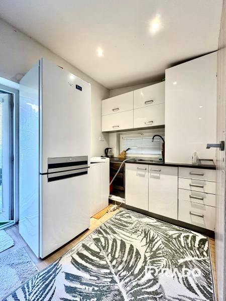 RADO I NA PRENAJOM I ZARIADENY 1-IZBOVY DOM I BA-PRIEVOZ - Kuchyňa v rodinnom dome s bielymi skrinkami, veľkou chladničkou a kobercom s listovým vzorom.