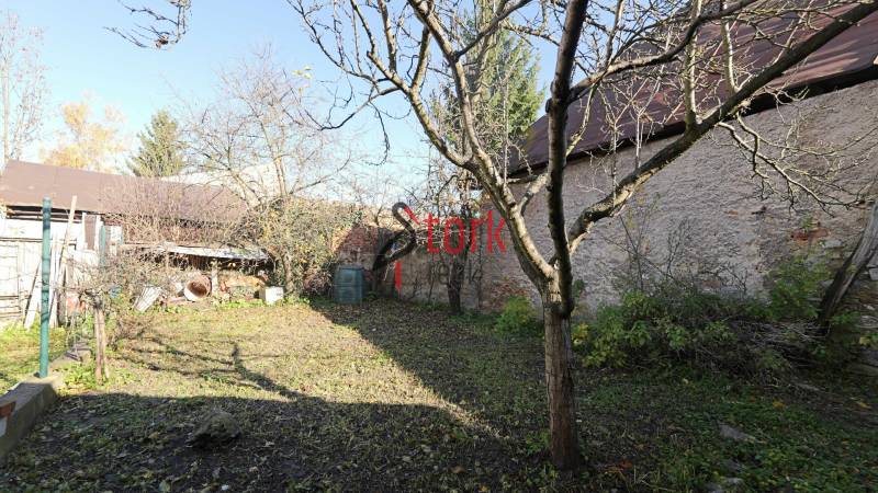 Menší rodinný dom len pár metrov od centra mesta Rajec - Záhrada rodinného domu na Kostolnej ulici v Rajci so stromami a trávnikom.