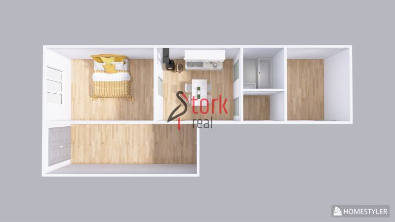 Menší rodinný dom len pár metrov od centra mesta Rajec - Pôdorys rodinného domu s podlahou s dreveným dekorom, kuchyňou a spálňou.