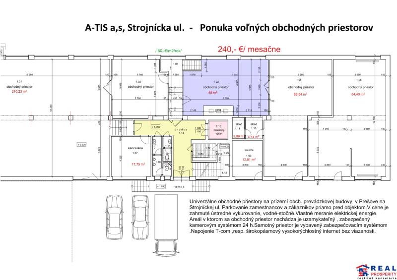 STROJNÍCKA: VOĽNÉ OBCHODNÉ priestory 48 m2 - PRÍZEMIE   - Pôdorys obchodných priestorov v Prešove na Strojníckej ulici, rôzne výmery miestností.