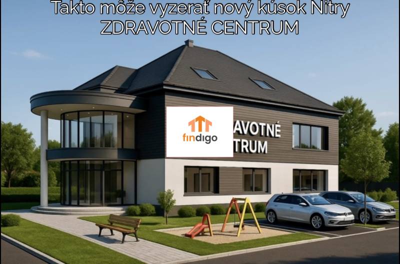 INVESTIČNÁ PRÍLEŽITOSŤ – Na predaj Komplexné centrum v Nitre  - Exteriér zdravotného centra v Nitre na ulici Pod sokolom s parkoviskom a ihriskom.