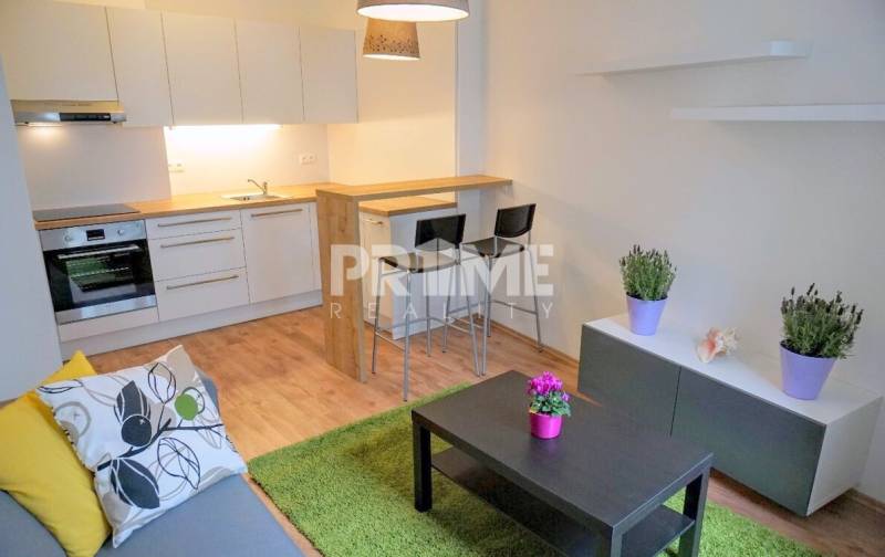 MODERNÝ 2i byt, NOVOSTAVBA, CENTRUM, Suché Mýto, Staré Mesto - Kuchyňa v 2-izbovom byte s bielym nábytkom, stolom a dekoráciami.