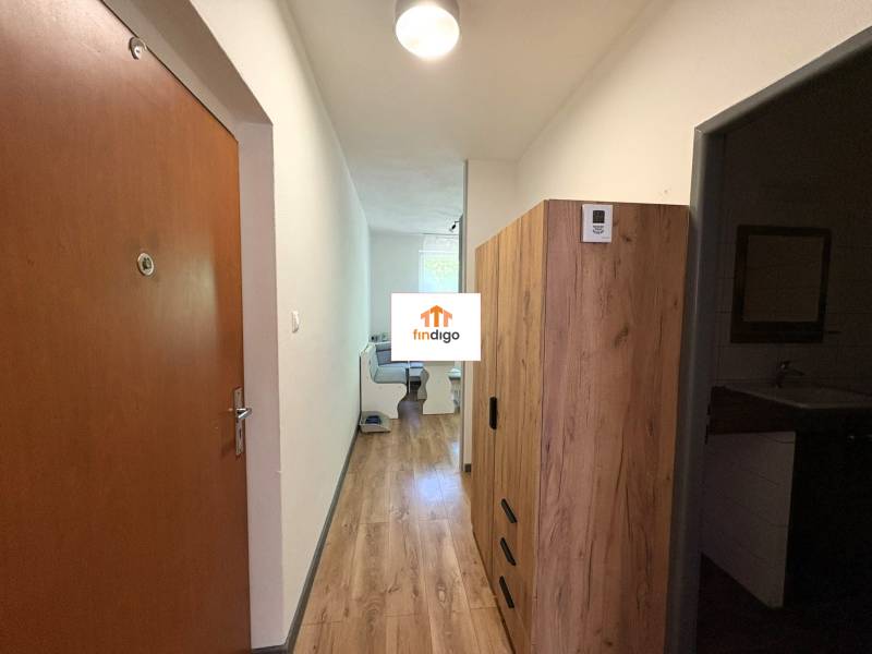 PREDAJ-  2 izbový byt neďaleko Nitry v obci Jarok - Chodba v 2-izbovom byte so vstupom do kúpeľne a dekorom dreva.