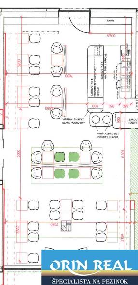 PRENÁJOM NEB.PRIESTORU V POLYFUNKČNOM DOME V CENTRE PEZINKA - Pôdorys obchodných priestorov na ulici Moyzesova, sedenie rozmiestnené v pravidelných radoch.