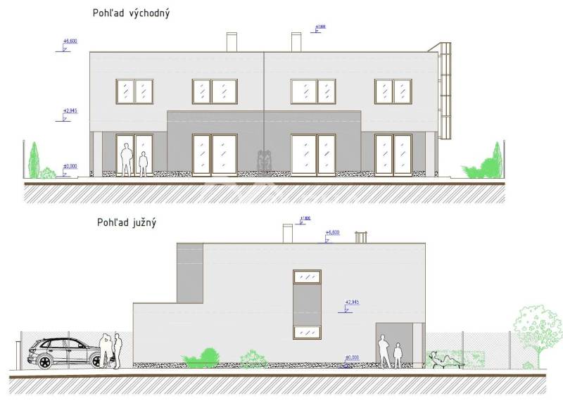 Exkluzívne na predaj, rodinný dom, obec Harichovce, okres Spišská Nová - Náčrt rodinného domu v Harichovciach zobrazuje východný a južný pohľad fasády.