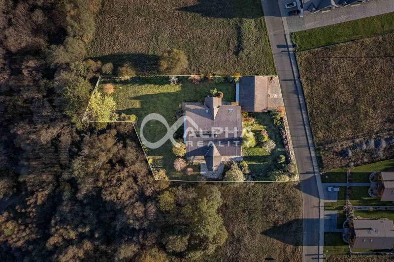 Exkluzívny rodinný dom, Veľká Lomnica, okres Kežmarok - Rodinný dom vo Veľkej Lomnici obklopený zeleňou, s príjazdovou cestou a stromami.