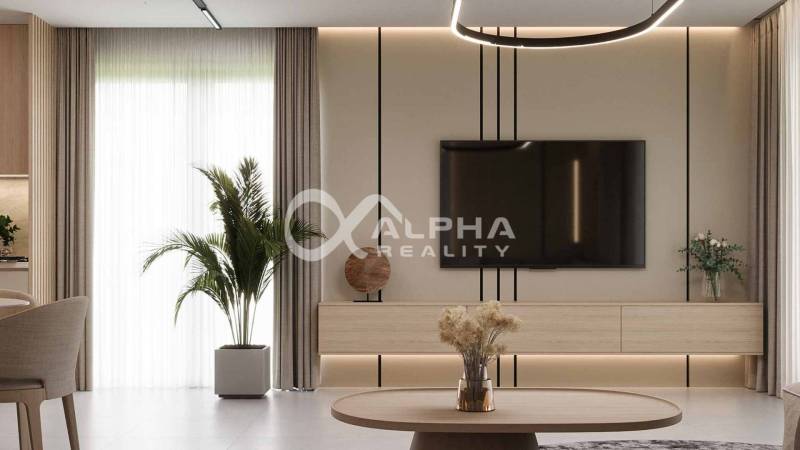 Exkluzívne novostavba rodinný dom - dvojdom, Spišské Podhradie - Obývačka rodinného domu s TV na stene, svetlá podlaha s dreveným dekorom a rastlinami.