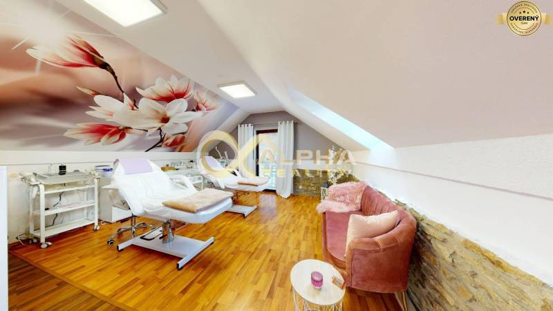 Prenájom priestorov, centrum, Spišská Nová Ves - Interiér kancelárie s podlahou s dreveným dekorom, dekoratívnymi kvetinami a pohodlným posedením.