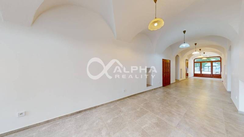 Polyfunkčný priestor na predaj, 66,5m2+pivnica 38m2, Zimná ul., Spišsk - Obchodné priestory s oblúkovitým stropom a svetlou podlahou s dreveným dekorom.