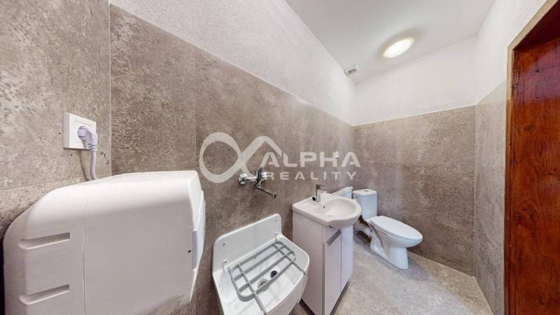 Polyfunkčný priestor na predaj, 66,5m2+pivnica 38m2, Zimná ul., Spišsk - Kúpeľňa s umývadlom, toaletou a dávkovačom mydla v obchodných priestoroch.