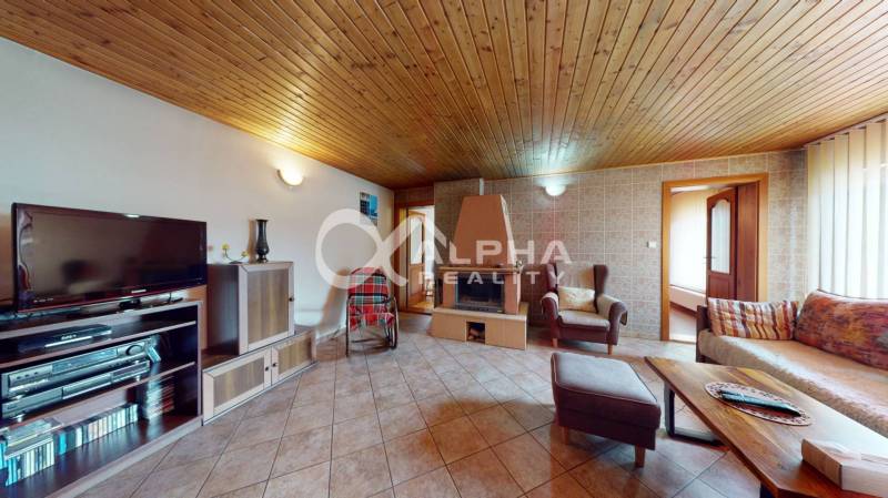 EXKLUZÍVNE Rodinný dom, širšie centrum, Spišská Nová Ves - Obývačka s podlahou s dreveným dekorom, televízorom a krbom v rodinnom dome.