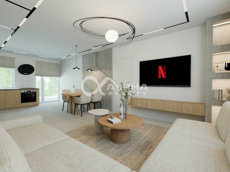 EXKLUZÍVNE novostavby bytov s terasou, parkovaním, Novoveská Huta, okr - Obývacia izba s kuchyňou v 3-izbovom byte so svetlým nábytkom a podlahou s dreveným dekorom.