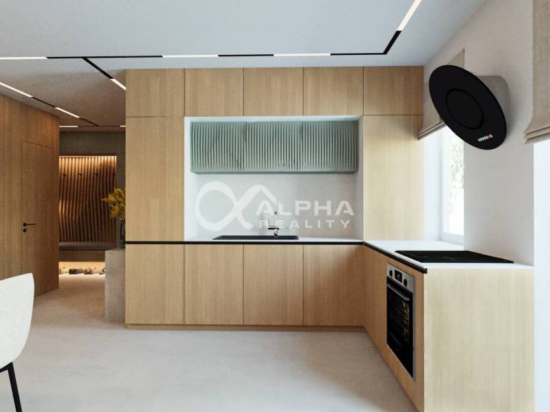 EXKLUZÍVNE novostavby bytov s terasou, parkovaním, Novoveská Huta, okr - Kuchyňa s podlahou s dreveným dekorom a vstavanými spotrebičmi v 3-izbovom byte.