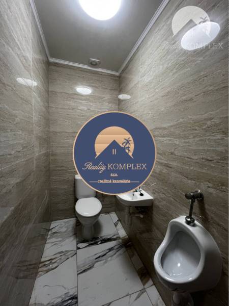 Vám ponúka na PREDAJ kompletne zrekonštruovaný  - Kúpeľňa v rodinnom dome s toaletou a pisoárom, dekoratívne steny a podlaha s dreveným dekorom.