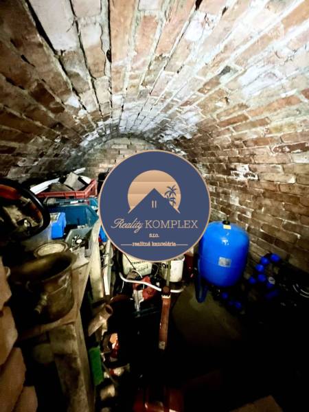 Ponúka na PREDAJ viničný domček s priestranným  - Klenbová pivnica na chate s uskladnenými nástrojmi a modrou nádobou.