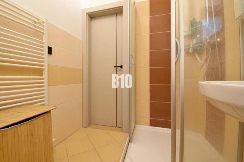 Veľkometrážny 3 izbový byt s garážou - Kúpeľňa so sprchovým kútom, umývadlom a rebríkovým radiátorom v 3-izbovom byte.