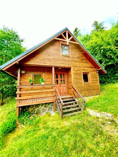 Rekreačná chata – Banská Štiavnica, časť Štefultov - Drevený rodinný dom v Štefultove, obklopený zeleňou, jednoduchý vidiecky dizajn.
