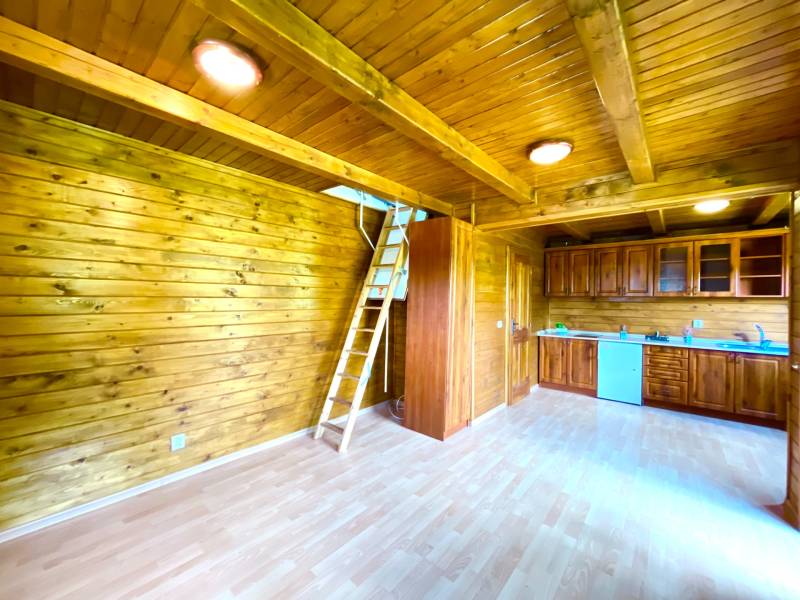Rekreačná chata – Banská Štiavnica, časť Štefultov - Interiér rodinného domu s dreveným obkladom, kuchynskou linkou a rebríkom na poschodie.
