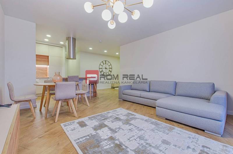 Hľadám prenájom 3i bytu, Petržalka, Bratislava - Obývačka 3-izbového bytu so sivou sedačkou, stolom a podlahou s dreveným dekorom.