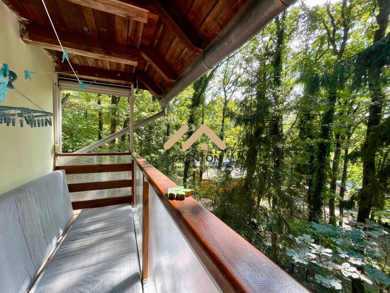 4 izbová celoročná chata v Kučišdorfskej doline na predaj - Balkón chaty v Kučišdorskej doline v Pezinku s výhľadom na les.