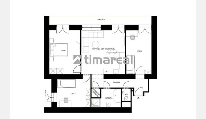 Krásny 4i byt v príjemnej lokalite BA - Pôdorys 4-izbového bytu so vstupnou chodbou, kuchyňou, tromi izbami a dvoma loggiami.
