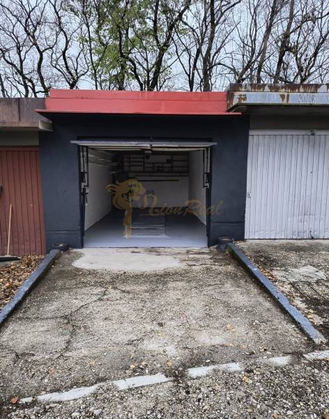 Garáž Púpavova, Karlova Ves + pivnica - Garáž na ulici Púpavová obklopená stromami, betónová dlažba a otvorené dvere.