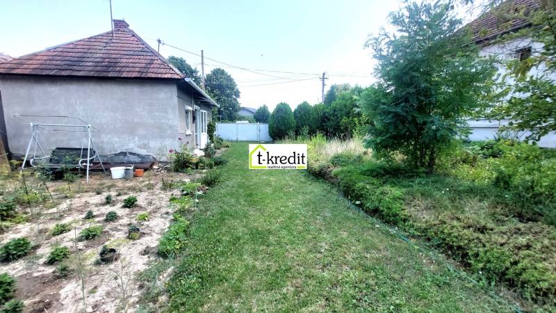 PREDAJ - ÚTULNÝ DOMČEK NA ROZĽAHLOM POZEMKU - NEVIDZANY - Záhrada pri rodinnom dome v Nevidzanoch s trávnikom, kríkmi a hojdačkou.