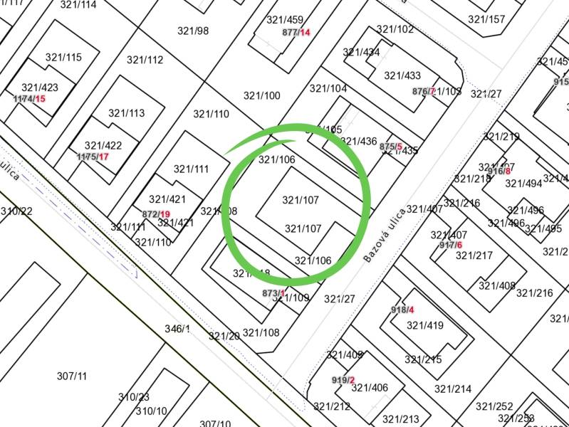 Na predaj stavebný pozemok s IS, Kvetoslavov 643 m² - Mapa parciel pozemkov na bývanie v Kvetoslavove, Bazová ulica, označené parcelné číslo.