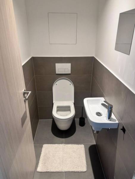 Na prenájom 2iz. byt s predzáhradkou  - Kúpeľňa v 2-izbovom byte s WC, umývadlom a obkladom tmavej farby.