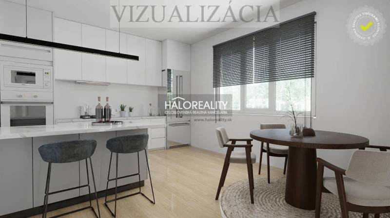 Predaj, rodinný dom Veľký Kýr, šesťizbový s garážou ... - Kuchyňa v rodinnom dome s ostrovom, jedálenským stolom a podlahou s dreveným dekorom.