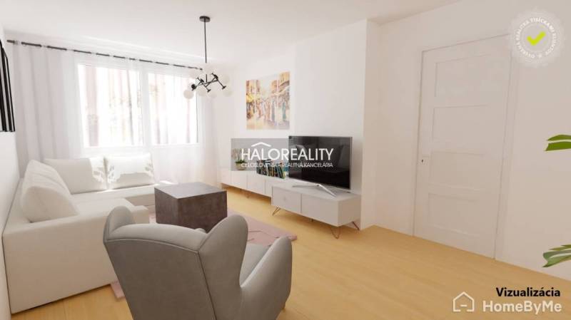 REZERVOVANÉ - Predaj, trojizbový byt Skačany + poliz... - Obývacia izba s bielym nábytkom a televízorom v 3-izbovom byte.