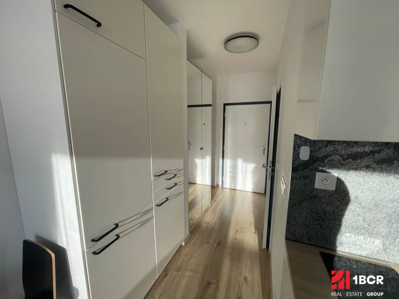 MODERNÝ, KOMPLETNE ZARIADENÝ 1-IZBOVÝ BYT V PROJEKTE SLNEČNICE - Chodba v 1-izbovom byte s bielymi skriňami a podlahou s dreveným dekorom.