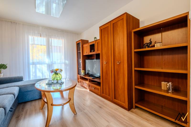 2 IZBOVÝ BYT PREŠOV, ULICA TARASA ŠEVČENKA - Obývačka v 2-izbovom byte s pohovkou, podlahou s dreveným dekorom a nábytkom.