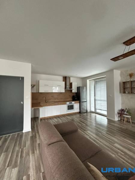 Praktický 3-izbový byt v súkromnej ulici v Šamoríne - Obývacia izba s kuchynskou linkou a podlahou s dreveným dekorom v 3-izbovom byte.